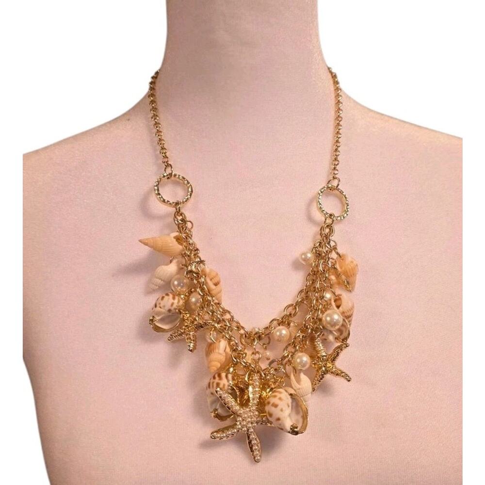 Lilly Pulitzer Seashell Double Layer Necklace Beach Wear Goldtone Starfish